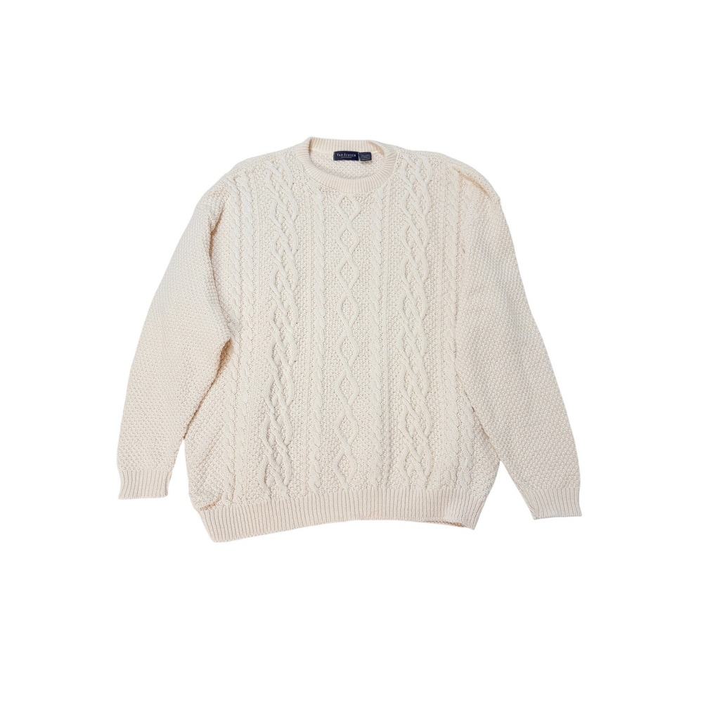 Van Heusen Mens XXL Aran Cable Knit Sweater 100% Cotton Crewneck Made in USA‎ BC